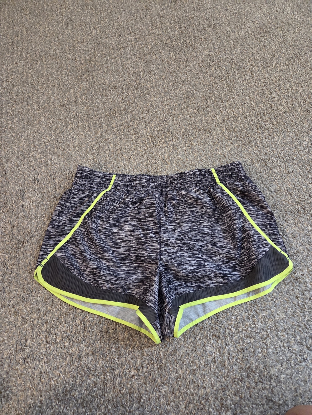 SO Women's Heathered Gray Athletic Shorts with Neon Yellow Trim